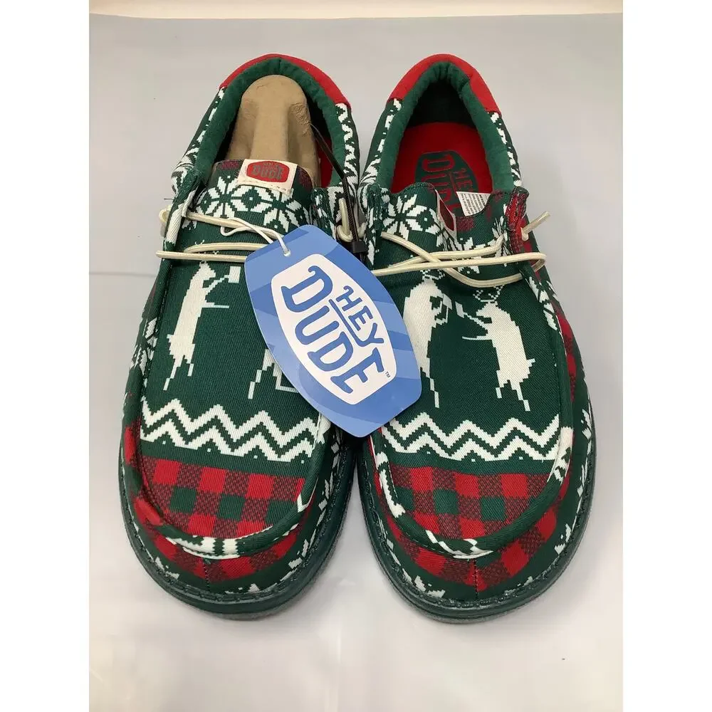 Hey Dude Men's 11 Green Red Wally Holiday Cheers Loafers Shoes Slip On OS20-23
